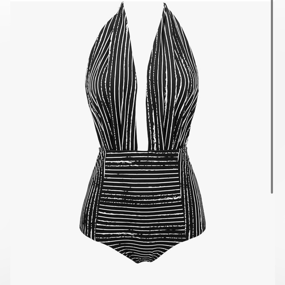 COCOSHIP retro black and white backless halter one piece bathing suit